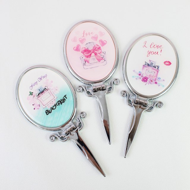 [] 圆形复古手持镜可爱化妆镜便携补妆随身迷你都市香水卡通精致少女