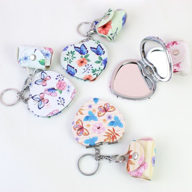 [胜雅] 精美爱心小镜子清新少女心彩色蝴蝶钥匙扣挂件便携可挂包迷你花朵