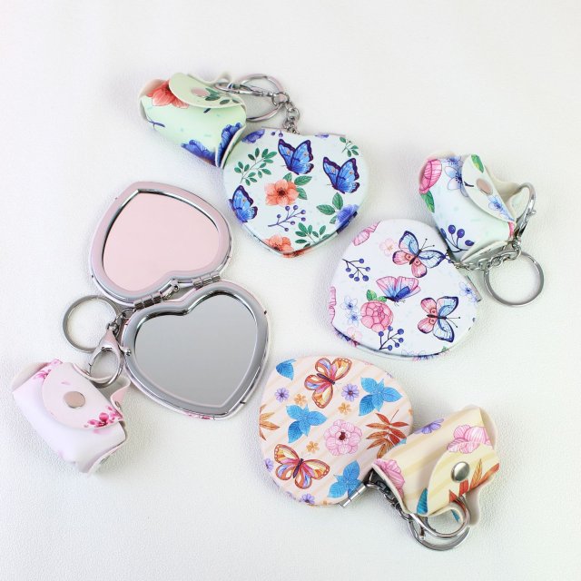 [胜雅] 精美爱心小镜子清新少女心彩色蝴蝶钥匙扣挂件便携可挂包迷你花朵