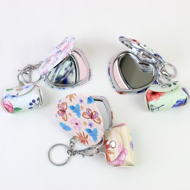[胜雅] 精美爱心小镜子清新少女心彩色蝴蝶钥匙扣挂件便携可挂包迷你花朵