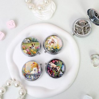 新款圆形可爱动物印花3格首饰收纳盒药盒便携折叠带镜子