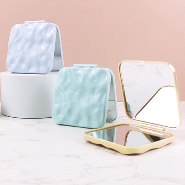 [胜雅] 水波纹中方时尚奶油色ins风家用便携口袋化妆镜创意方形化妆镜