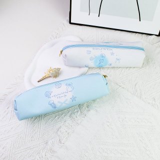 ins海洋风PU拉链圆筒笔袋学生铅笔袋简约防水文具收纳袋现货批发