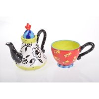 花、波点彩绘陶瓷2件套（1壶1杯）红拼黑白茶具套装189