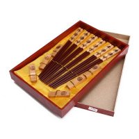 创意礼品福鱼图案深棕色木雕筷子家用木属工艺雕刻筷配礼盒（6双/套）D6-011