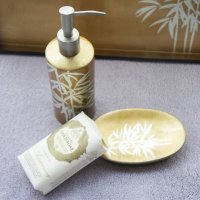 进口/浴室/烤漆/竹叶图案/洗手液瓶香皂盒2件套/摆件/高端/木质/