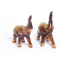 东南亚风格原木色翘鼻象和垂鼻象 泰国木雕象 转运风水摆件D2-0003