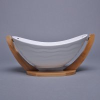 陶瓷 高档水波纹陶瓷水果篮 创意果盆时尚果盘 带竹木底座RP-SC-B-0331