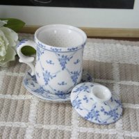 有盖茶隔杯碟蓝色花纹新骨瓷陶瓷茶杯水杯子带茶隔碟子盖子3403D