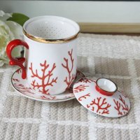 有盖茶隔杯碟红色珊瑚图案陶瓷茶杯水杯马克杯带茶隔碟子3403E